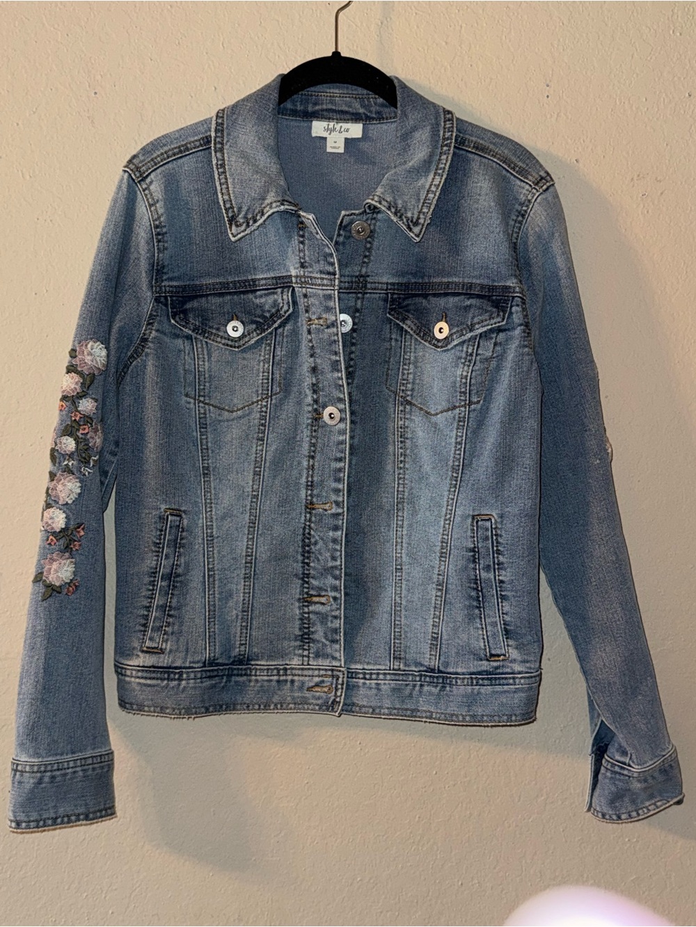 Style & Co. Light Blue Denim Jacket with Floral Sleeve Embroidery